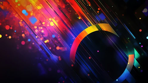 Curved rainbow band cuts through diagonal neon light streaks