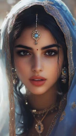 Digital portrait of veiled woman with ornate jewelry.