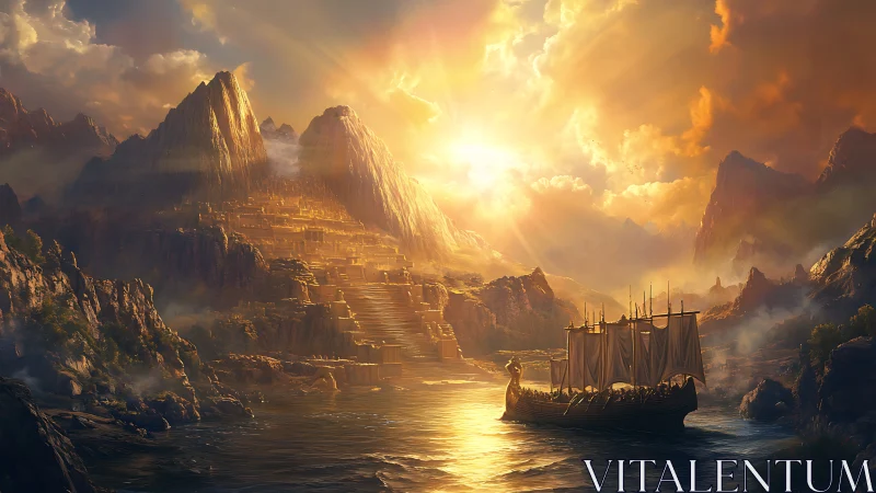 Sunlit mythic harbor reveals golden mountain city