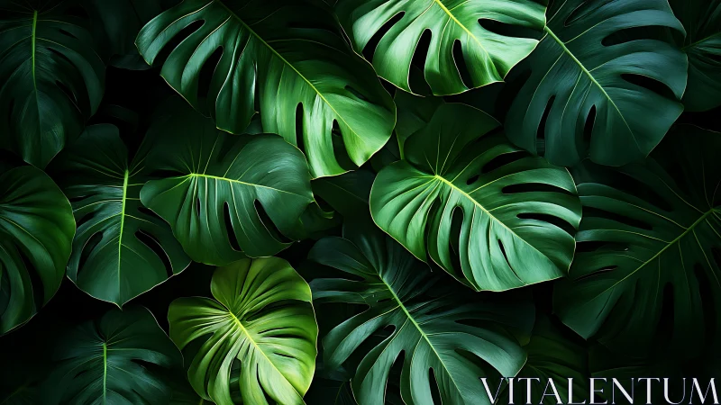 Monstera jungle canopy with layered emerald foliage patterns.
