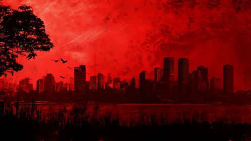 Crimson city skyline glows against a dramatic evening horizon