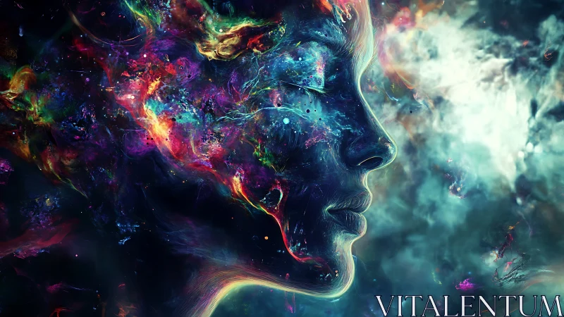 Cosmic dreamer’s serene face drifting through vibrant stars.