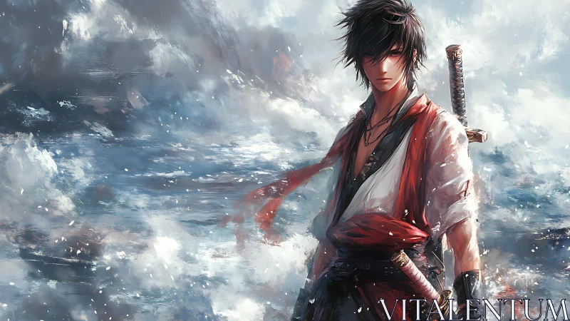 Samurai warrior stands amid stormy abstract seascape