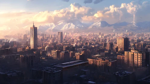 Sunlit highrise cityscape under distant snow mountains