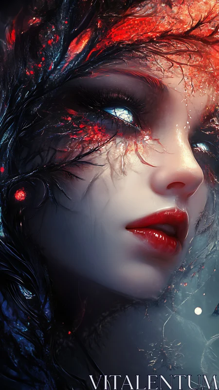 Bio-organic cyber siren portrait in molten crimson light.