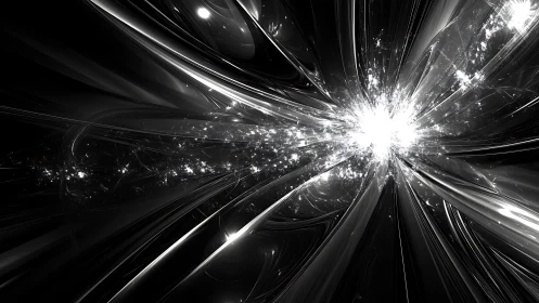 Monochrome radial light burst across reflective curved forms.