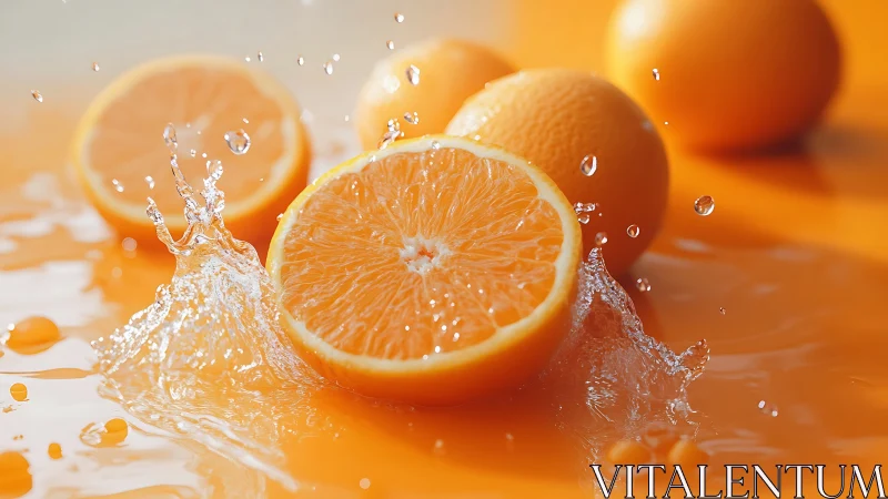 Orange halves with water splash on reflective surface.