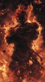 Silhouetted fiery warrior rendered in high contrast volumetric flames