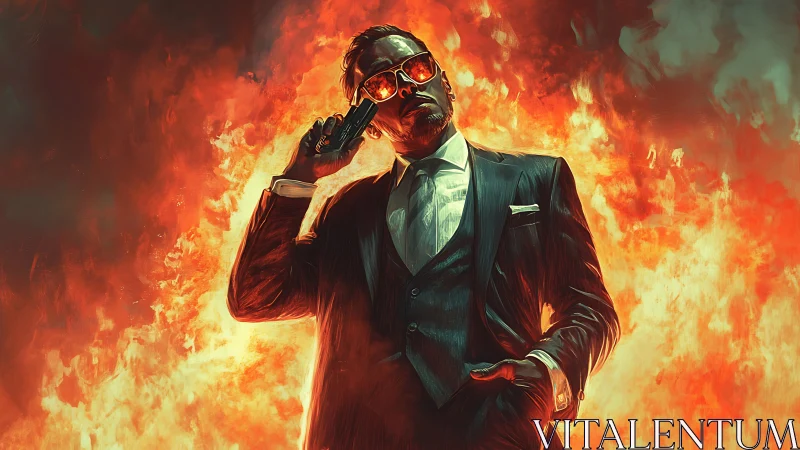 Spy in Flames: Stylish Agent Amid Inferno.