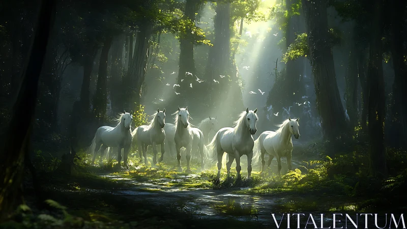 White horses cross sunlit forest glade under radiant beams.
