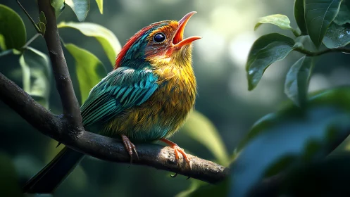 Vibrant Songbird Perched on Branch in Sunlit Forest, Realistic Art.