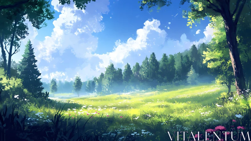 Tree-framed meadow under cumulus clouds and clear sky.