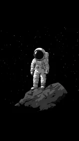 Lone astronaut stands on drifting asteroid in deep space.