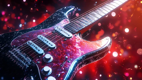 Electric guitar ignites neon stage in a storm of color.