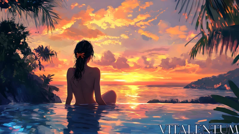 Woman in infinity pool gazes toward vibrant tropical sunset.