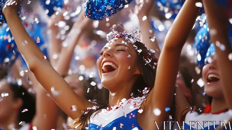 Confetti-sparked cheerleader joy under stadium lights.