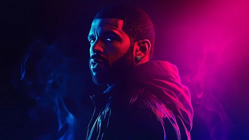 Portrait subject in dual-tone neon rim lighting turns sideways