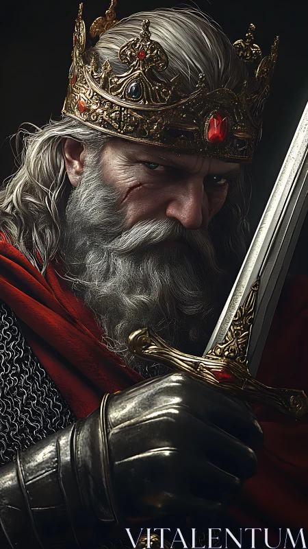 Weathered king with jeweled crown holding a loyal sword.
