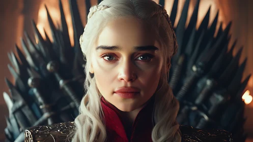 Regal platinum-haired ruler framed by spiked iron throne