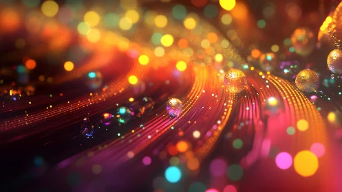 Vibrant abstract light trails and glowing spheres in bokeh style.