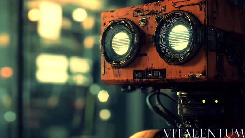 Rusty orange box robot with glowing round eyes indoors.