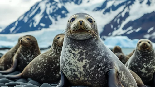 Harbor seals rest on icy shore beneath rugged peaks.