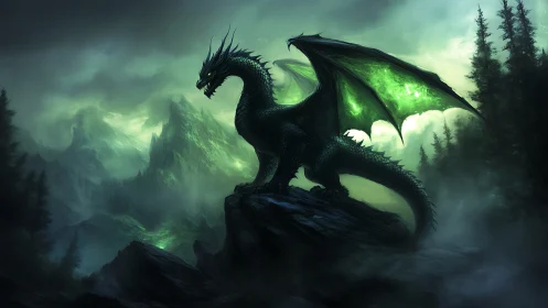 Bioluminescent emerald dragon on misted alpine crag at dusk