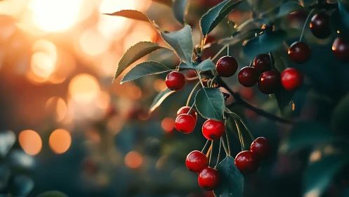 Ripe red cherries on branches in warm golden sunset light.