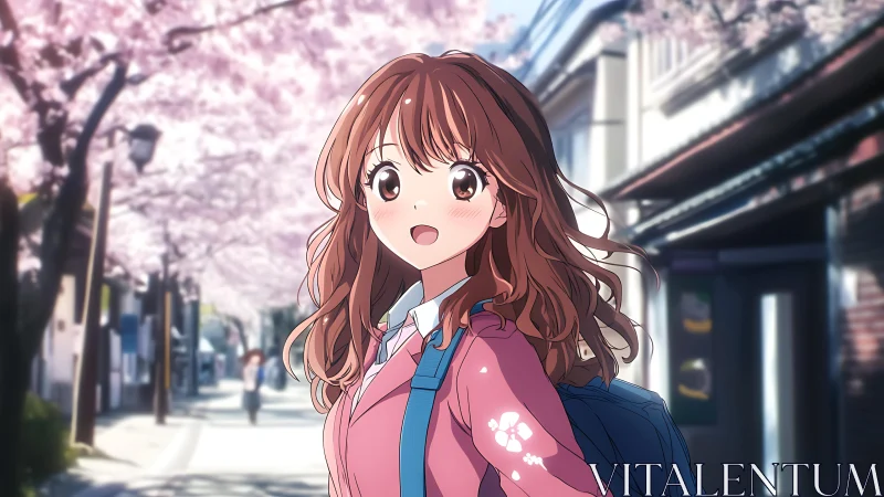 Cherry blossom morning girl wandering through pastel streets.