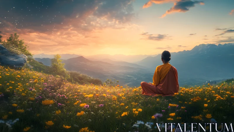 Monk meditates in wildflower meadow at glowing sunset.
