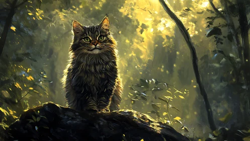 Forest sentinel cat in sunlit misty woodland glow.