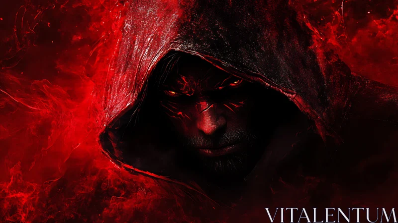 Hooded dark figure emerges from swirling red inferno