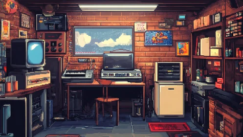 Cozy retro game studio glowing with nostalgic pixel charm.