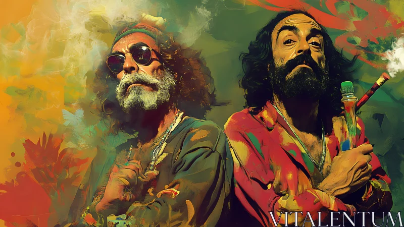 Two bohemian men in colorful smoke filled portrait.