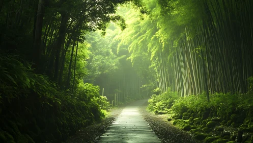 Luminous Bamboo Forest Pathway: Dappled Canopy Light and Verdant Composition
