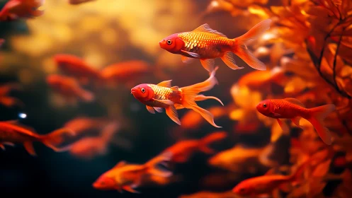 Goldfish drift like tiny comets through a molten garden