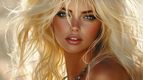 Blonde woman portrait with intense gaze and sunlit hair.
