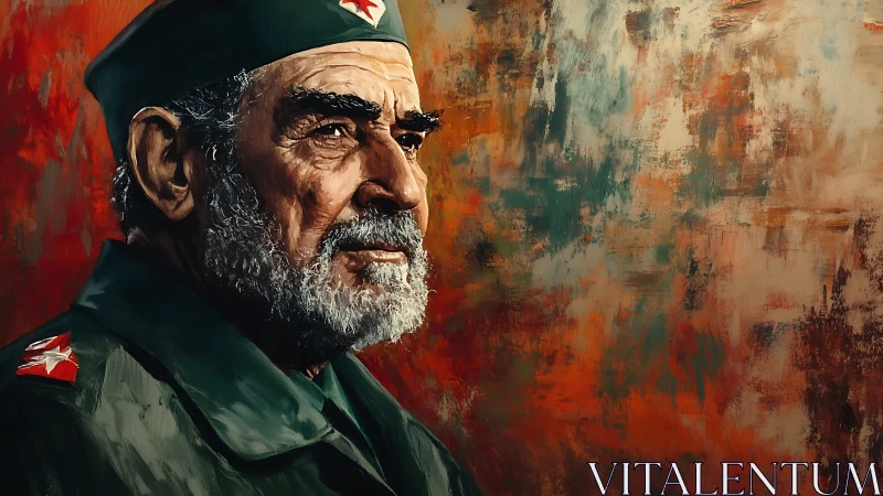 Weathered commander bathed in swirling autumn light.