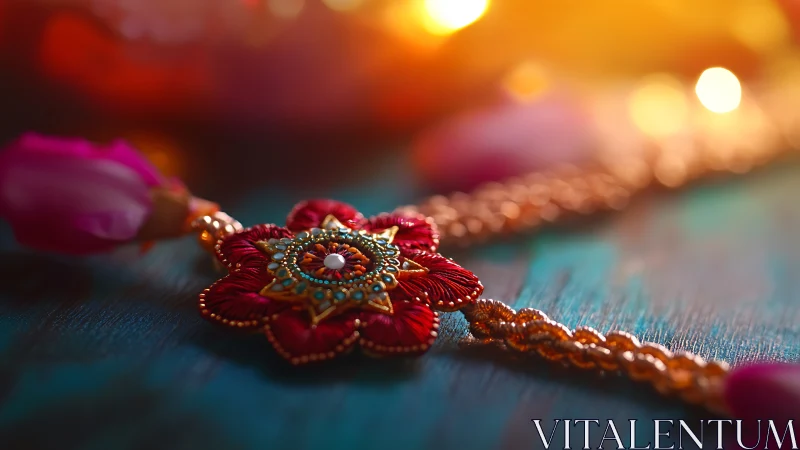 Radiant festive rakhi resting in warm golden candlelight.