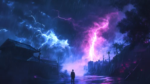 Stormlit wanderer walks beneath neon violet lightning sky
