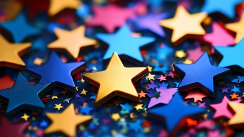 Layered metallic stars in vivid multicolor celebration scene.