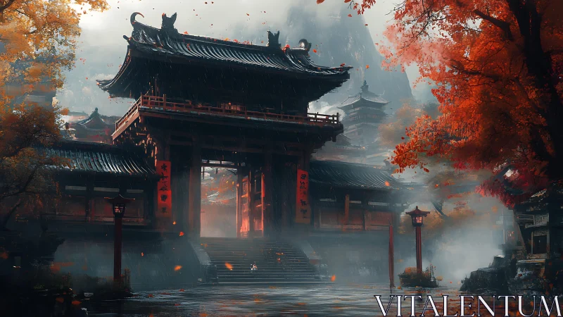 Stormlit temple gate amid crimson autumn forest fog.