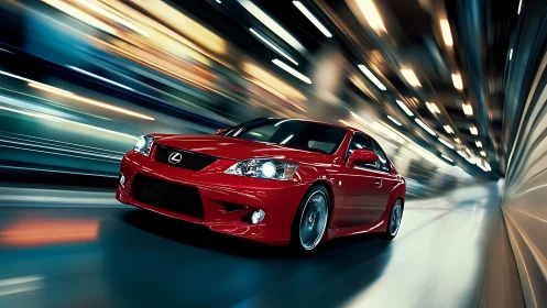 Red Lexus sports coupe racing through urban tunnel at speed.