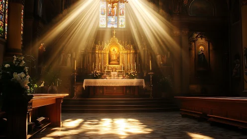 Sunlit altar in ornate church interior at morning mass.