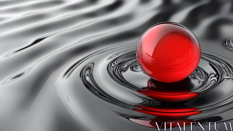 Shiny Red Sphere on Liquid Metal Surface, Modern Abstract Art.
