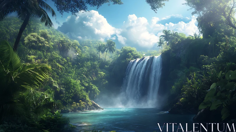 Sunlit jungle waterfall welcoming you into calm wonder.