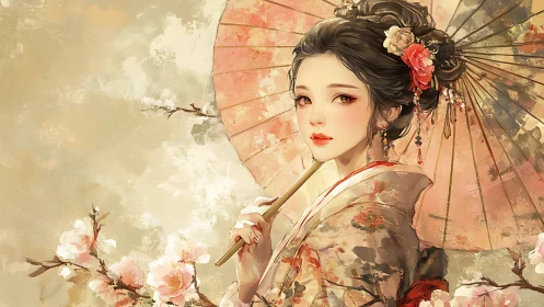 Elegant geisha gazes softly beneath a painted parasol.