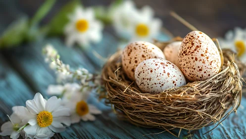 Speckled eggs resting in a cozy nest on rustic blue wood.