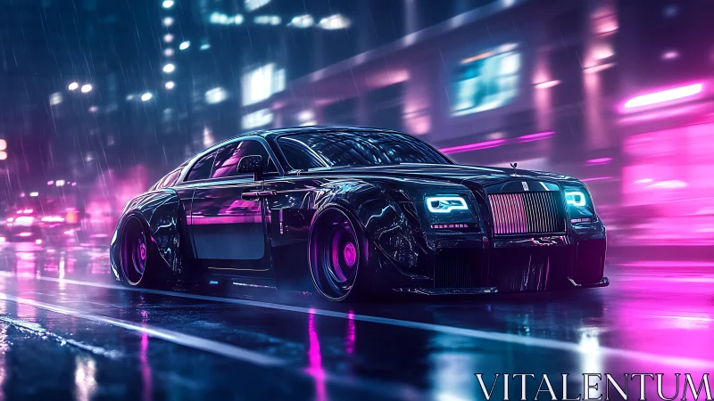Luxury coupe cuts neon streets in cinematic night rain.