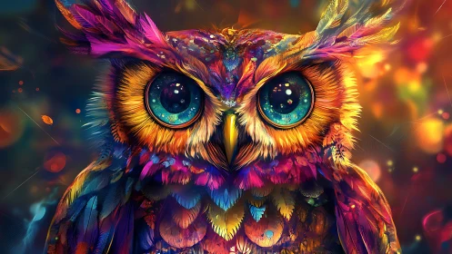 Brilliant night owl painted in kaleidoscope rainbow hues.